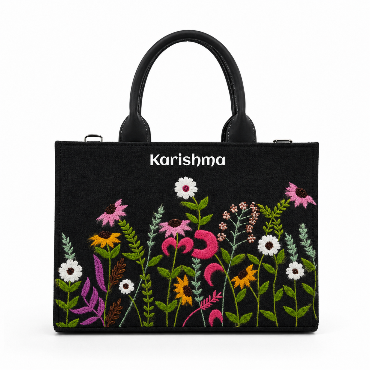 Personalized Black Floral Embroidered Tote Bag