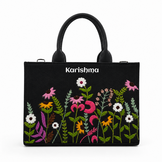 Personalized Black Floral Embroidered Tote Bag