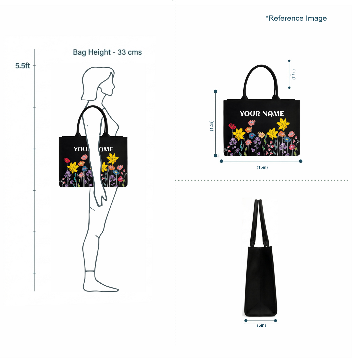 Personalized Floral Name Tote Bag for Women – Premium Black Vegan Leather Shoulder Tote