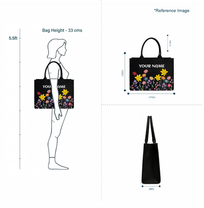 Personalized Floral Name Tote Bag for Women – Premium Black Vegan Leather Shoulder Tote