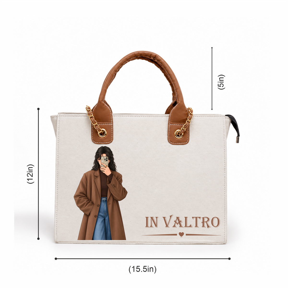 IN VALTRO Personalized Canvas Laptop Tote Bag – Brown Handles & Custom Photo Print